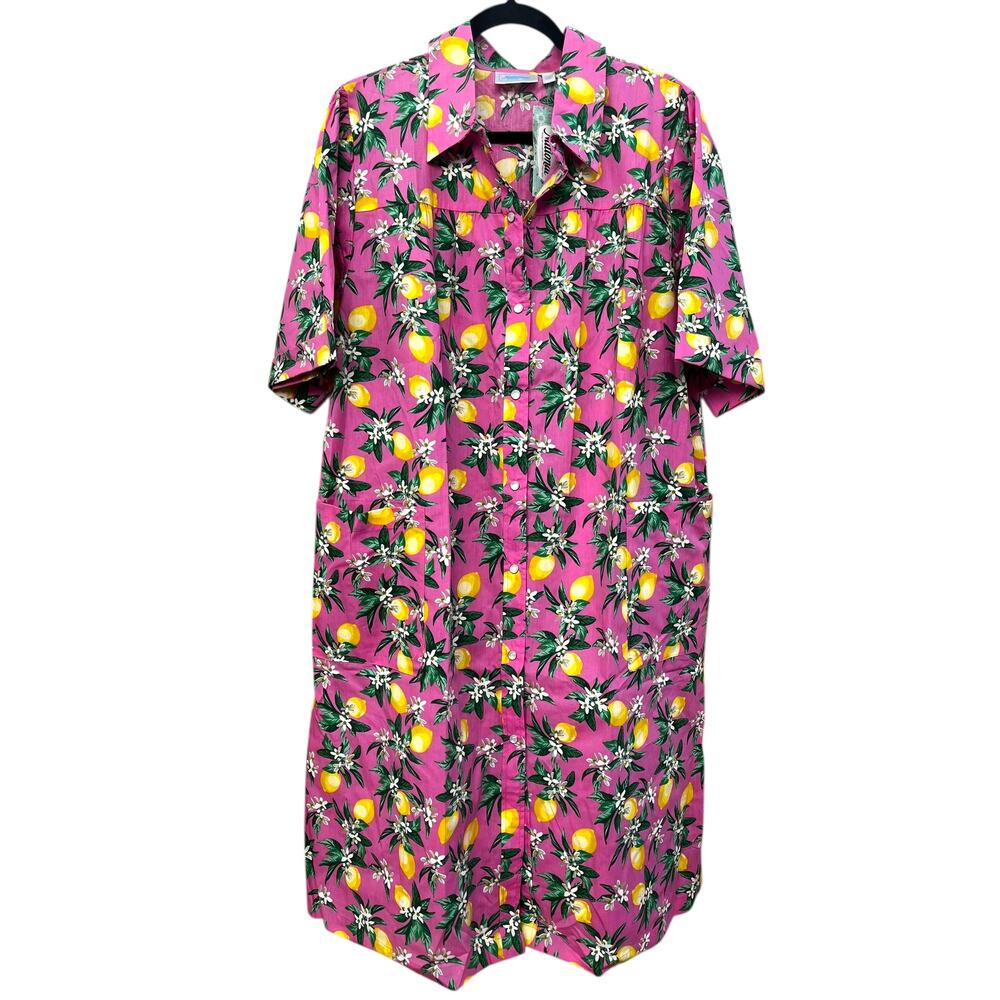 NEW! Snap-Front LEMON Floral MuuMuu House-coat | 1X, Pink Yellow | Cotton-blend